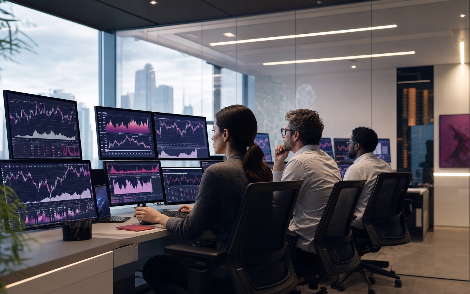 A proprietary trading operations team monitoring live market and risk dashboards